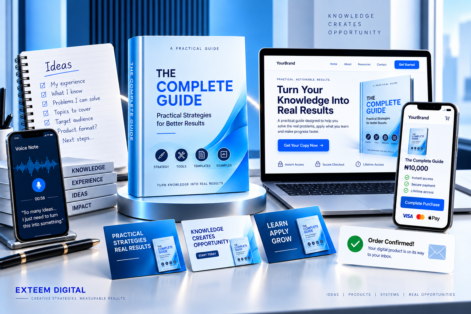 A complete digital product launch ecosystem with an idea notebook, guide, storefront, checkout and confirmed order